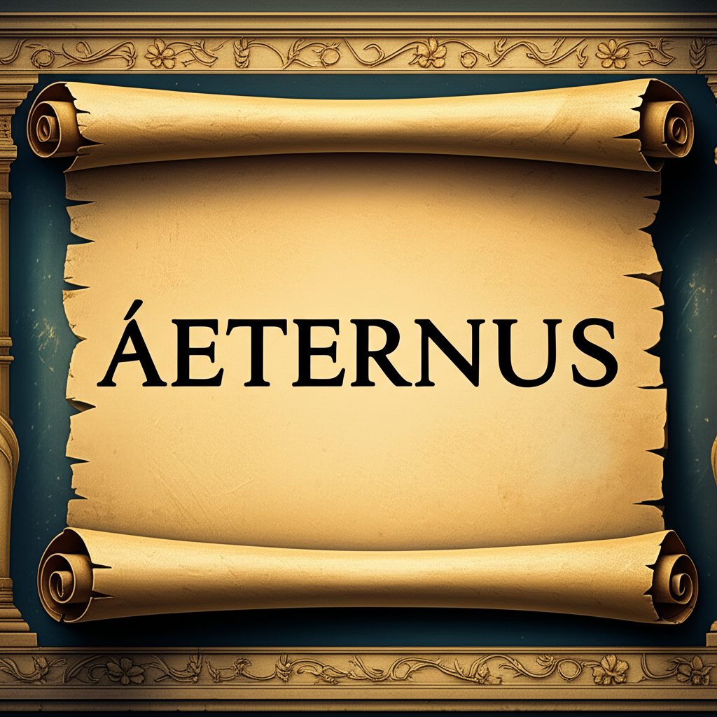 古羅馬哲學場景,拉丁文 aeternus 轉化為英文 eternal,象徵永恆、不朽與神聖概念,畫面呈現古代卷軸或石板