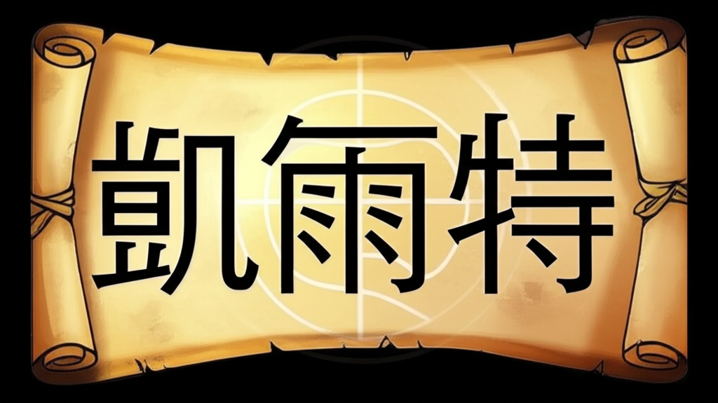 古希臘羅馬卷軸轉化為中文『凱爾特』字樣,背景隱約可見籃球圖案,象徵詞彙的跨文化應用