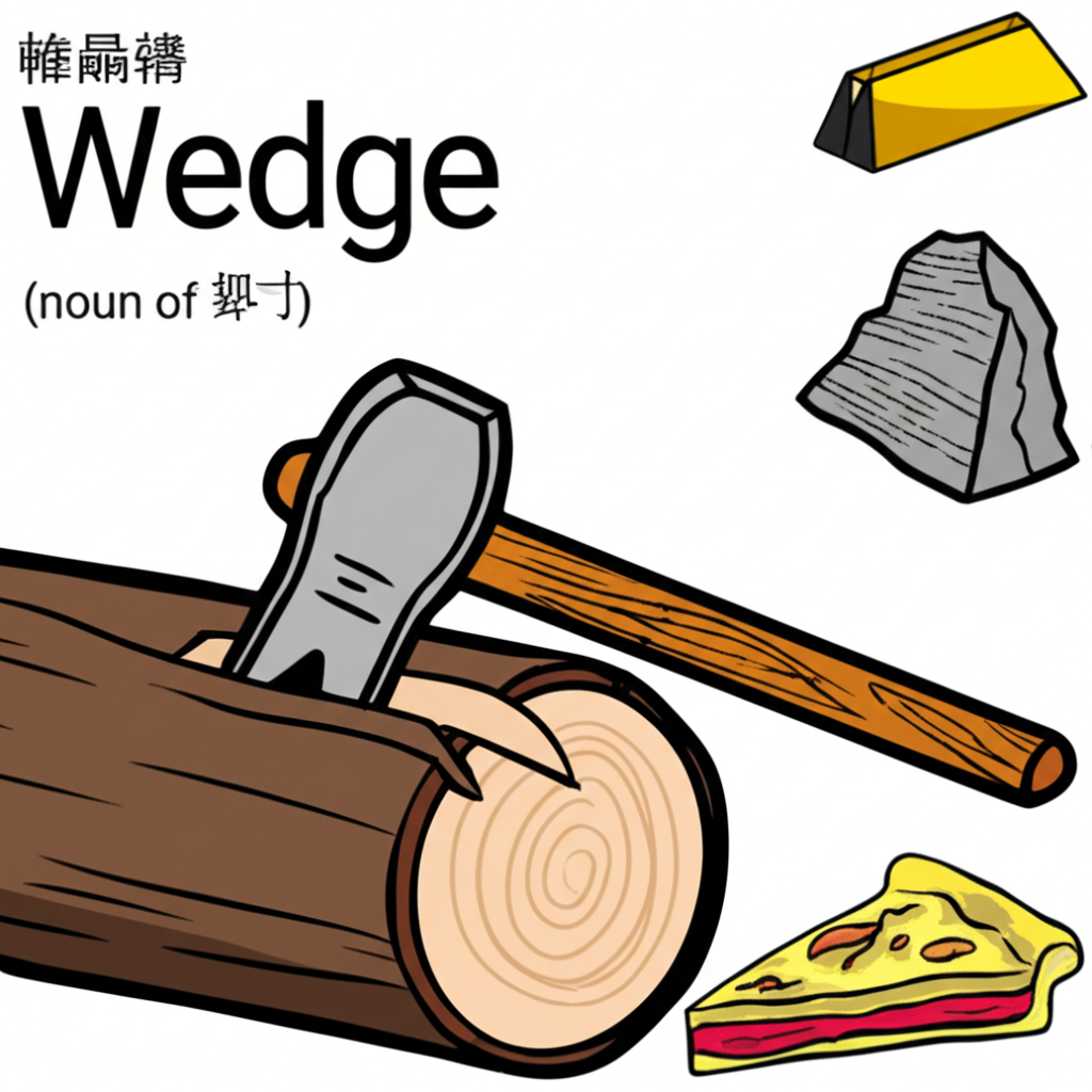 木楔劈開原木的插圖,以及門擋、楔形岩層等楔形物體,展示「wedge」作為名詞的多種應用