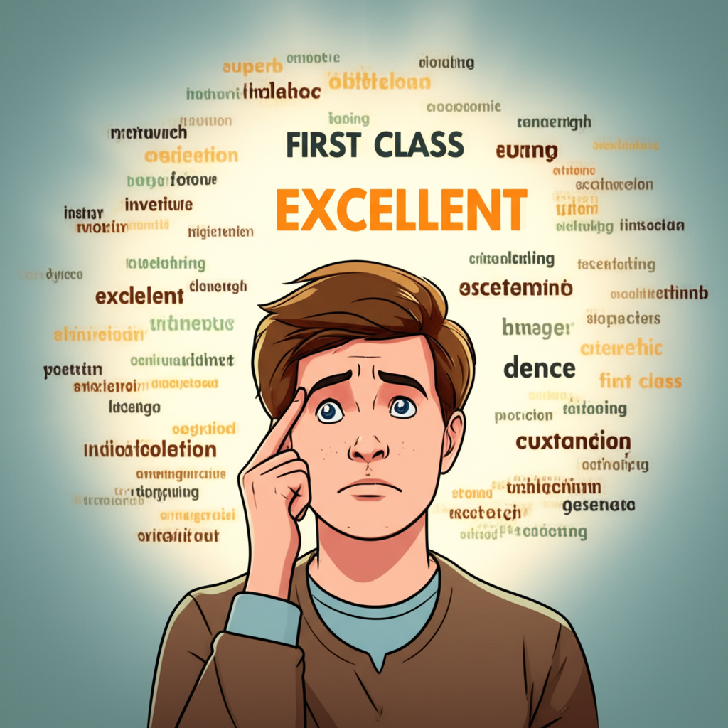 學習英文者理解excellent一詞的啟發瞬間,周圍浮現多種中文翻譯與應用情境