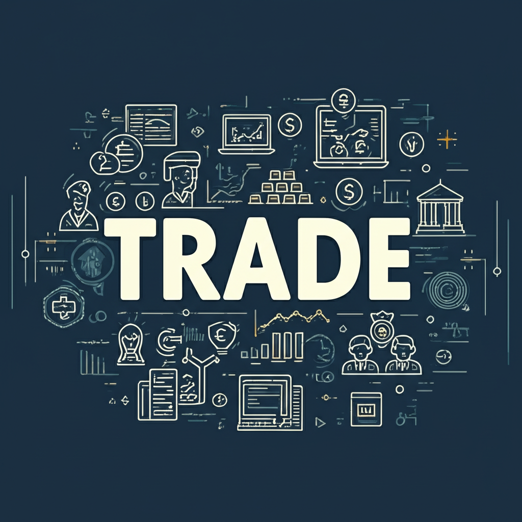 代表交換、金融、產業與專業技能的符號環繞英文單字 trade,展現其超越簡單交易的多元意涵