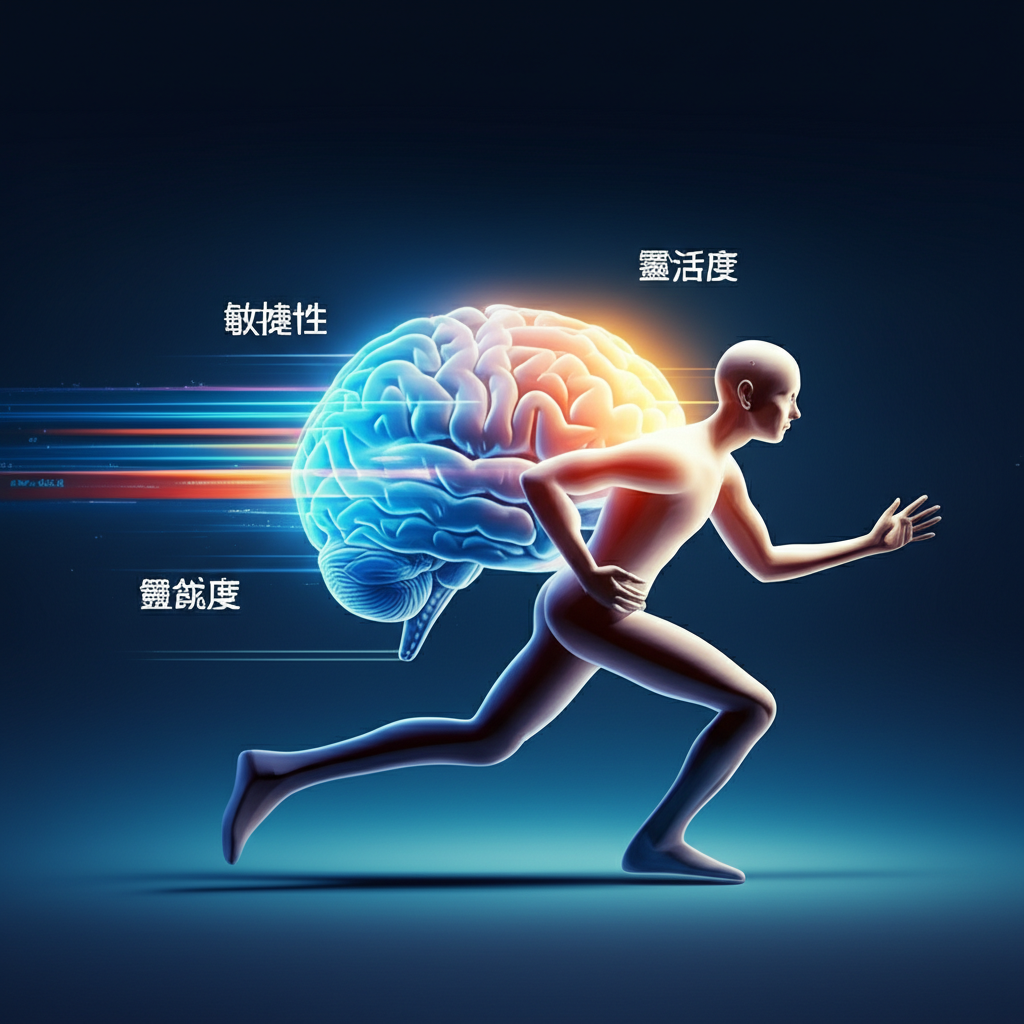插圖呈現動態大腦與移動人形,周圍浮現敏捷性、靈活度、敏銳度等中文字樣,象徵快速思考與行動的現代能力