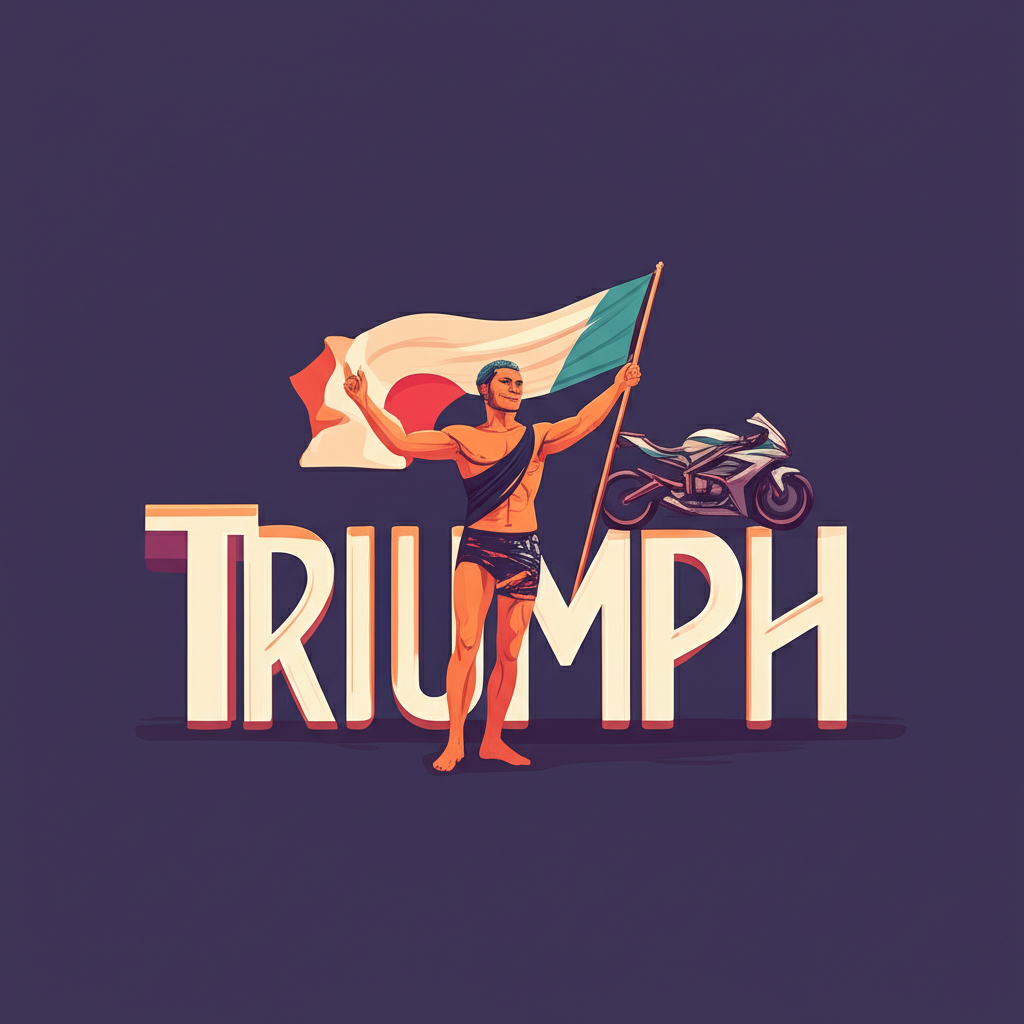 Triumph 字樣幻化為勝利者、機車與內衣的插畫,象徵其多重意義與品牌身份