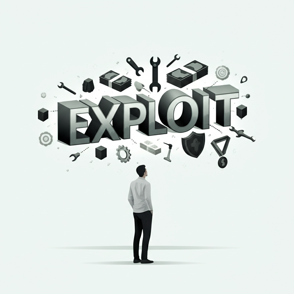 插畫描繪一個人看著「exploit」這個多面向的詞彙,周圍浮現工具、金錢、安全盾牌與代表英勇事蹟的勳章,象徵其多重含義