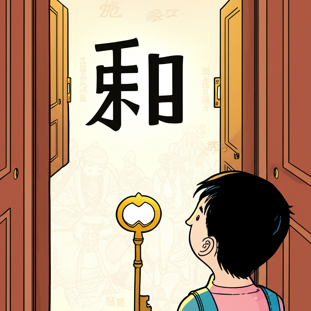 一名好奇的學生注視著巨大的漢字『會』,彷彿它是一把開啟中文語法、姓氏與民族歷史之門的魔法鑰匙,背景中浮現語言、家族與回族文化的象徵符號