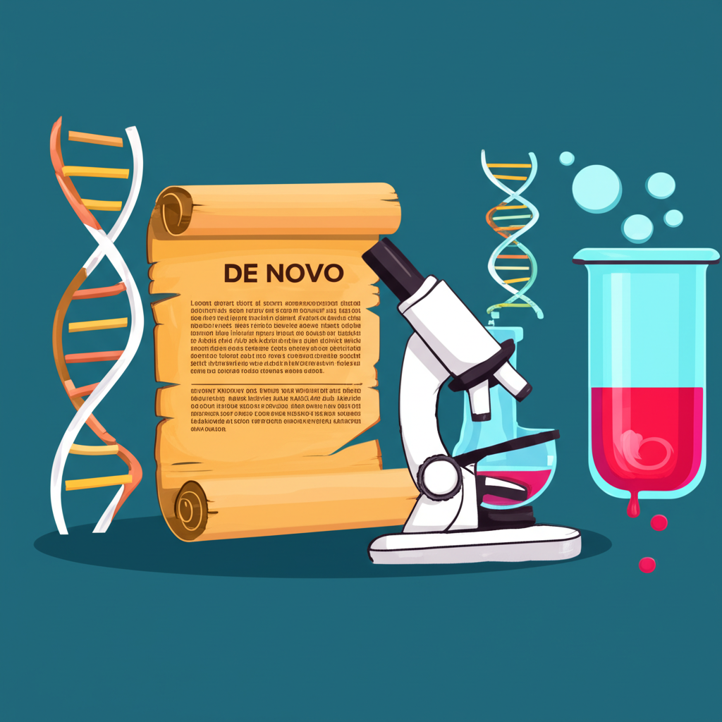 古羅馬捲軸與現代實驗儀器並置的插畫,象徵‘de novo’從古典學術延伸至當代科研領域的應用