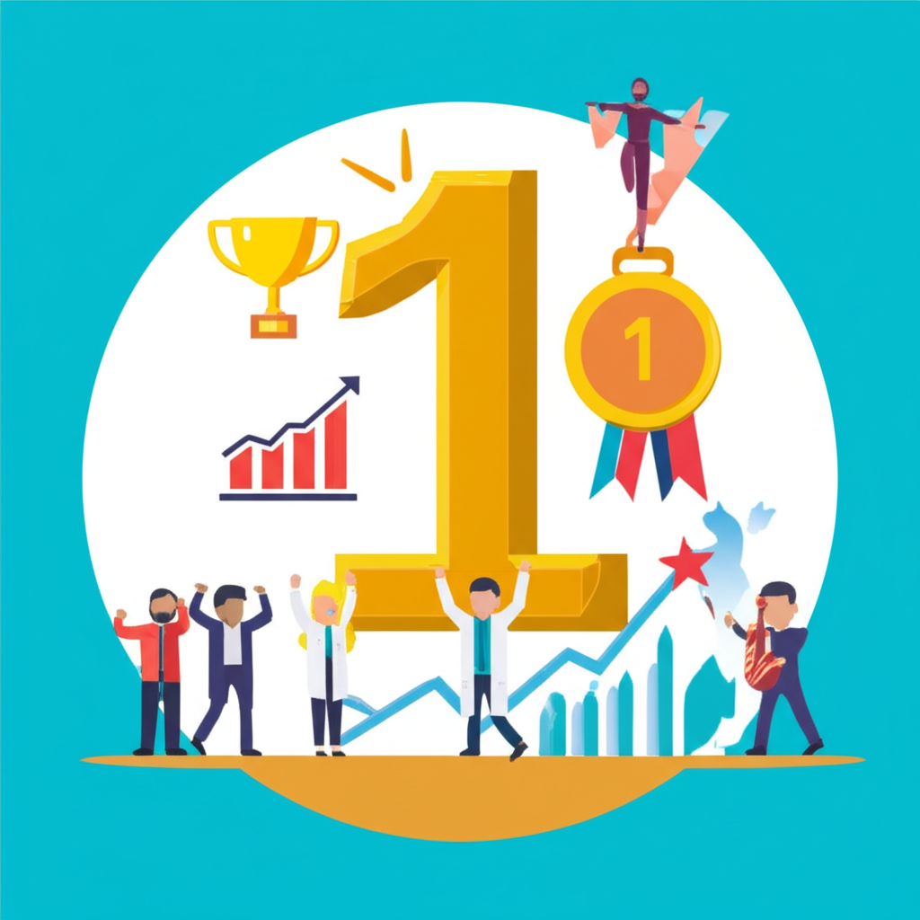 Top 1 的普遍象徵:獎盃、第一名徽章、高峰圖表與跨領域成功者慶祝的插畫