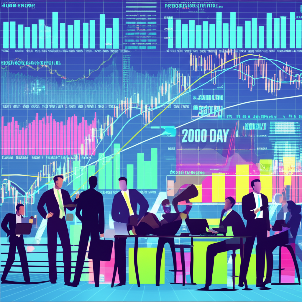 投資人與交易者在動態金融市場中運用200日均線進行趨勢分析與決策的插畫