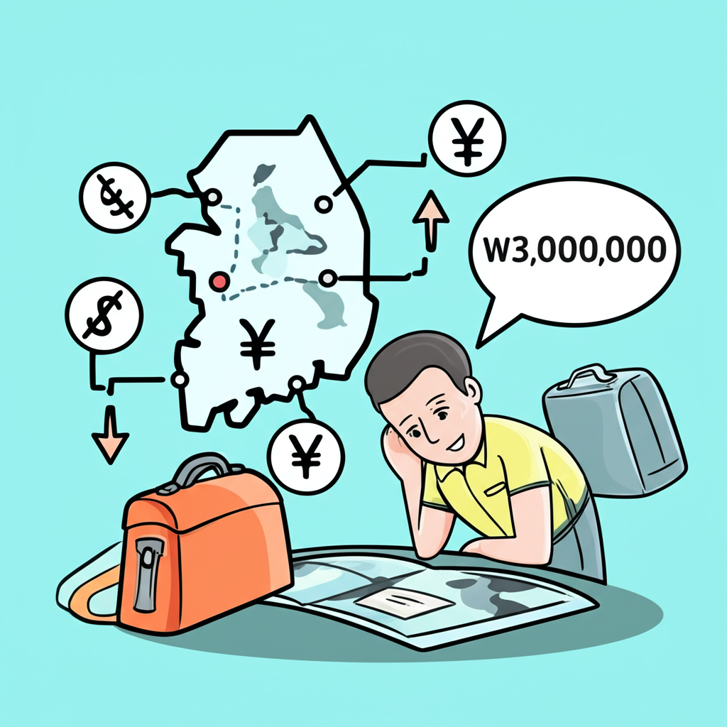 插圖:一人正在規劃前往韓國的旅行,看著地圖,周圍漂浮著代表匯率與財務決策的貨幣符號,象徵300萬韓元的換算考量