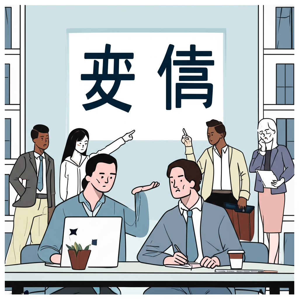 兩位專業人士面對「覆盤」與「復盤」兩個中文字產生困惑,象徵用詞混淆對專業形象的影響