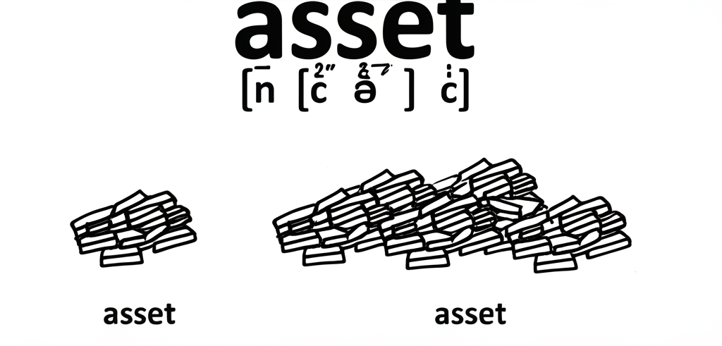 字體設計的asset單字搭配音標,旁邊分列單一資產與多項資產的視覺對比