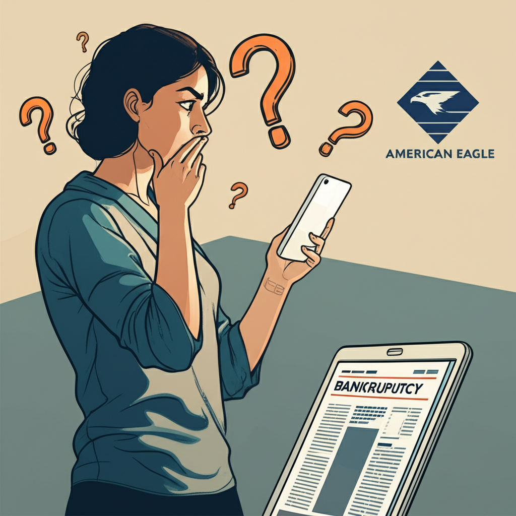 一名消費者困惑地瀏覽關於American Eagle倒閉傳聞的數位新聞,周圍漂浮著問號,背景中品牌標誌若隱若現,象徵公眾疑慮與真相追尋