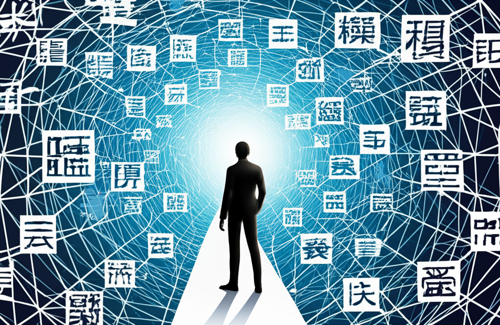 一個人自信地穿梭在錯綜複雜的漢字與文化符號網絡中,象徵『會』的多重意義,一條清晰的理解之路從混亂中浮現