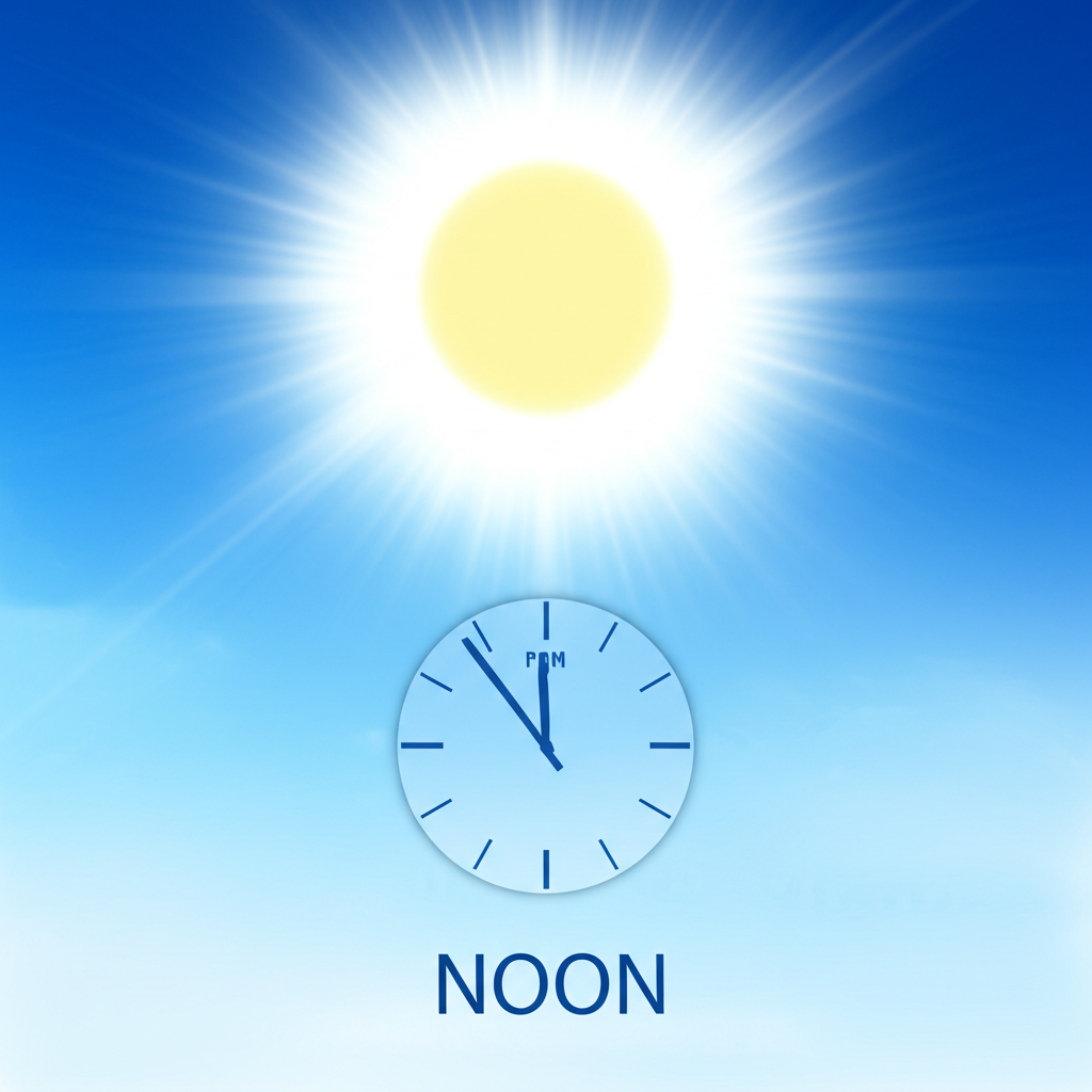 陽光普照的晴天,太陽高掛天頂,時鐘顯示12點整,Noon字樣醒目呈現,象徵一天的精確中點