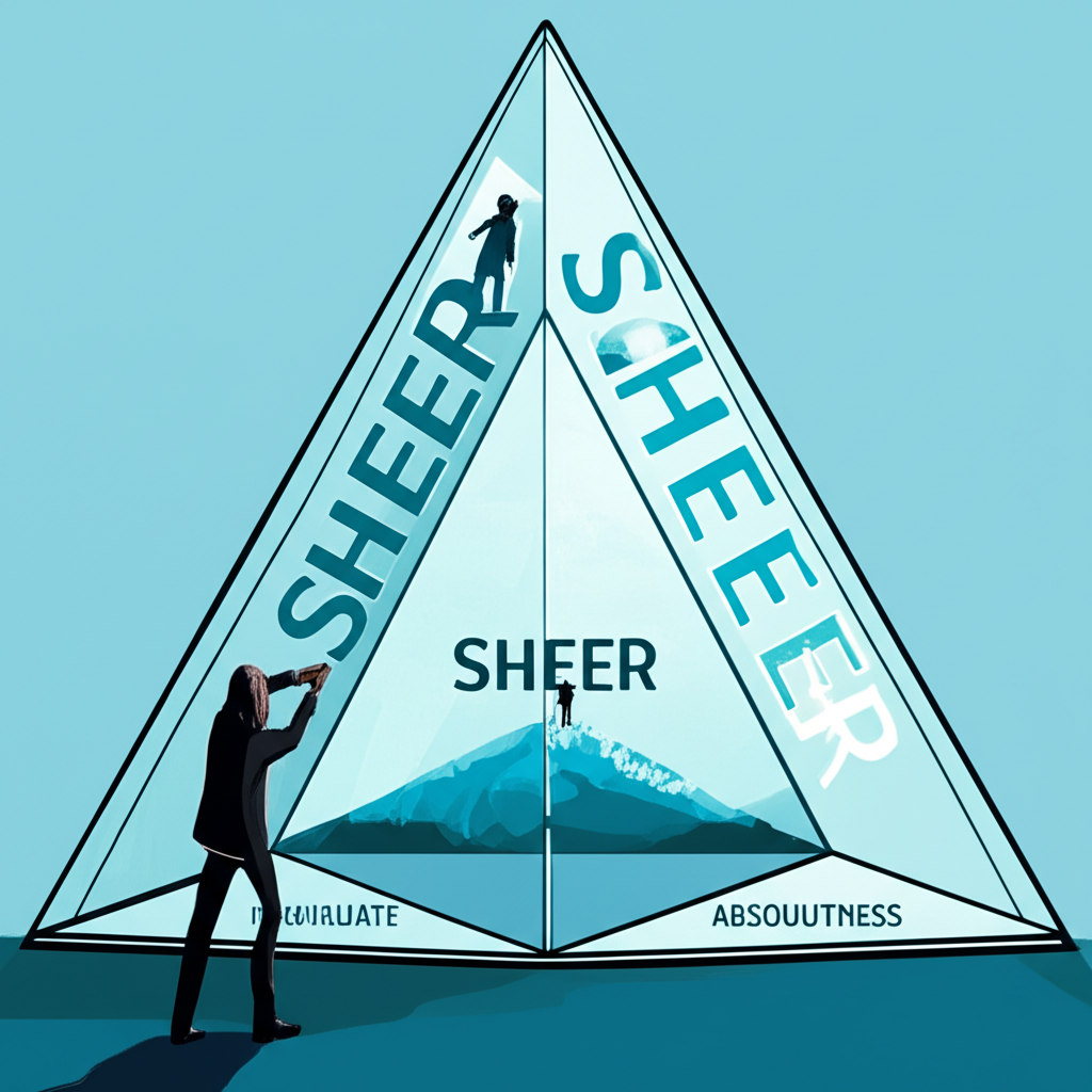插圖:一個人在語言學習旅程中探索英文單字 sheer,呈現透明、陡峭與絕對性等多重意義的複雜面向