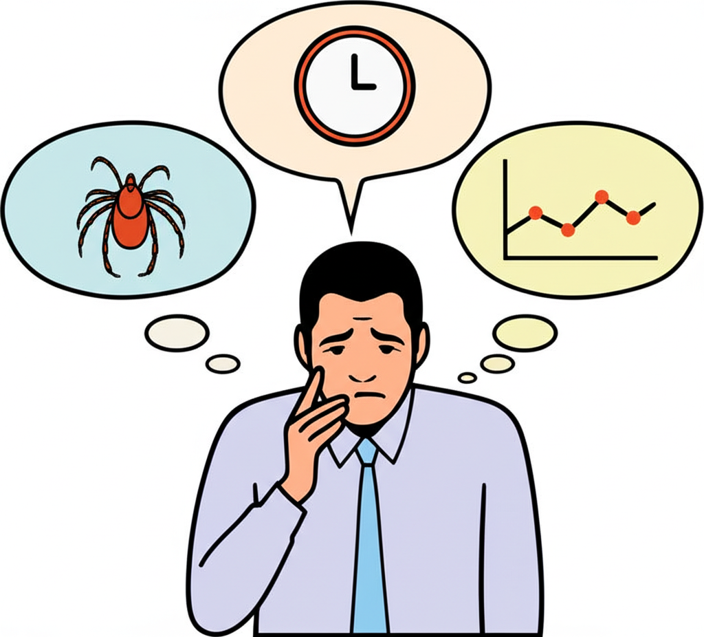 插圖展示一個人困惑於「ticks」的多重含義,思想氣泡中分別顯示蜱蟲、時鐘滴答聲和股市圖表
