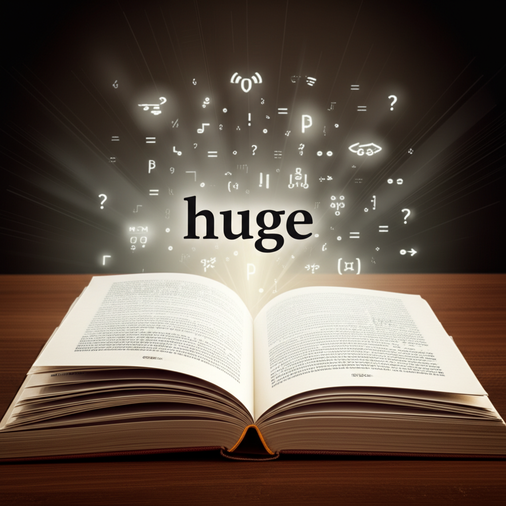 插圖展示一本敞開的書,光芒聚焦在單字 huge 上,周圍環繞發音符號、詞義解釋、同義詞與例句,象徵對該詞的全面掌握