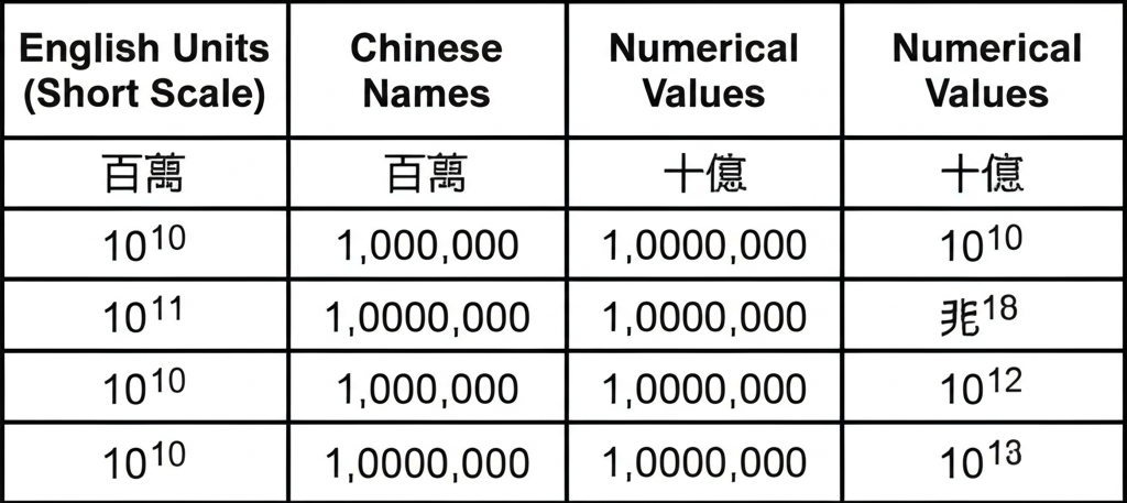 對照表插圖,包含英文單位、中文名稱、數值與數學表示法如10^6、10^9、10^12等欄位