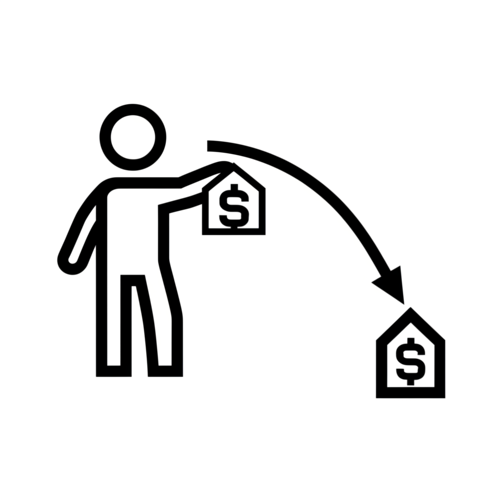 投資者借入資產後賣出,再於低價買回歸還的示意圖,下方有下降箭頭