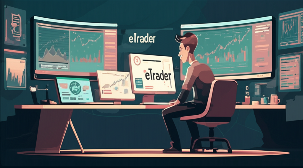投資人使用玉山e Trader 在多螢幕上操作股票與金融商品,背景有e Trader商標,展現高效便捷的交易體驗