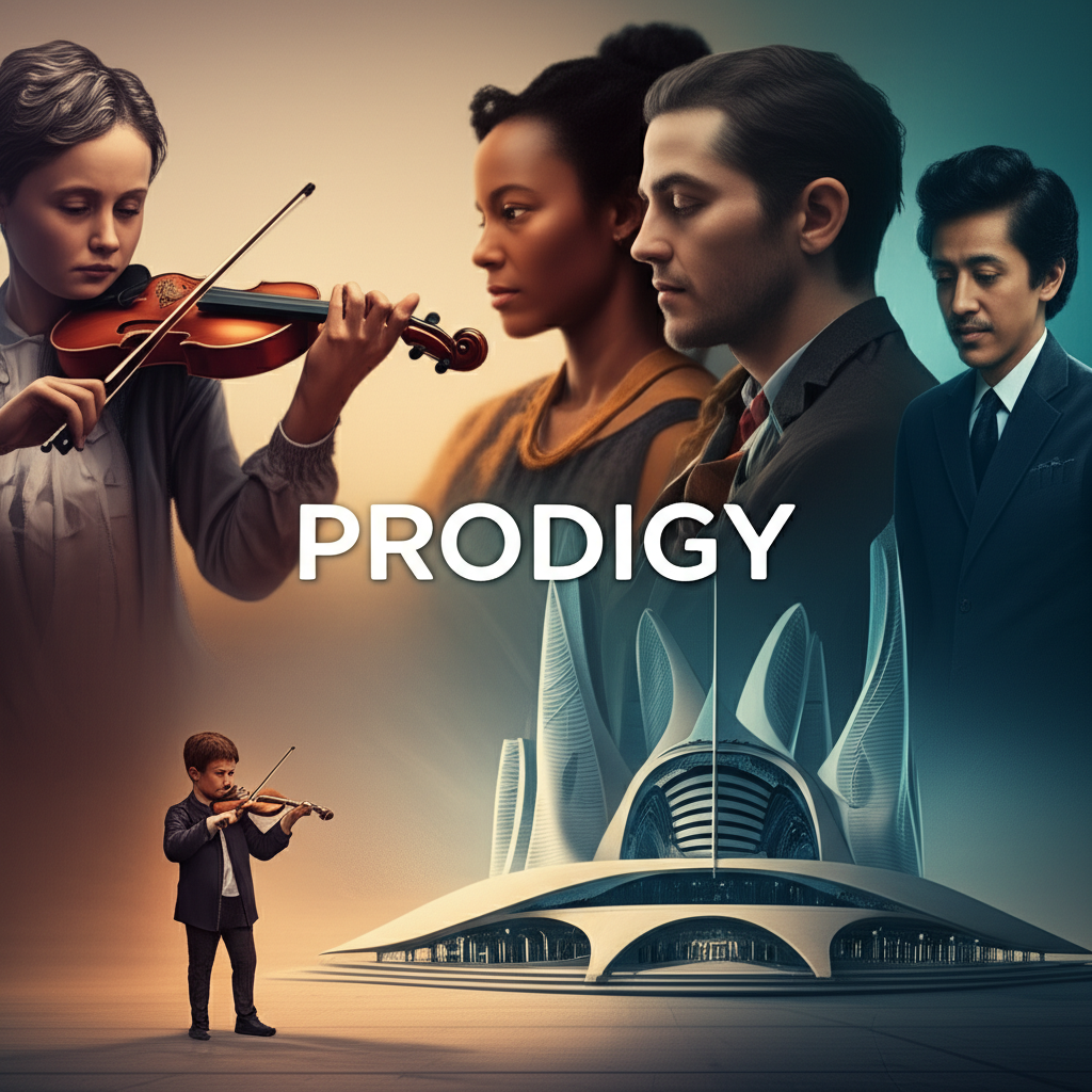 插畫:多元群體與物件標註『Prodigy』,包含拉迷你小提琴的兒童與宏偉未來建築,凸顯其作為『非凡之人或物』的名詞性質與意義