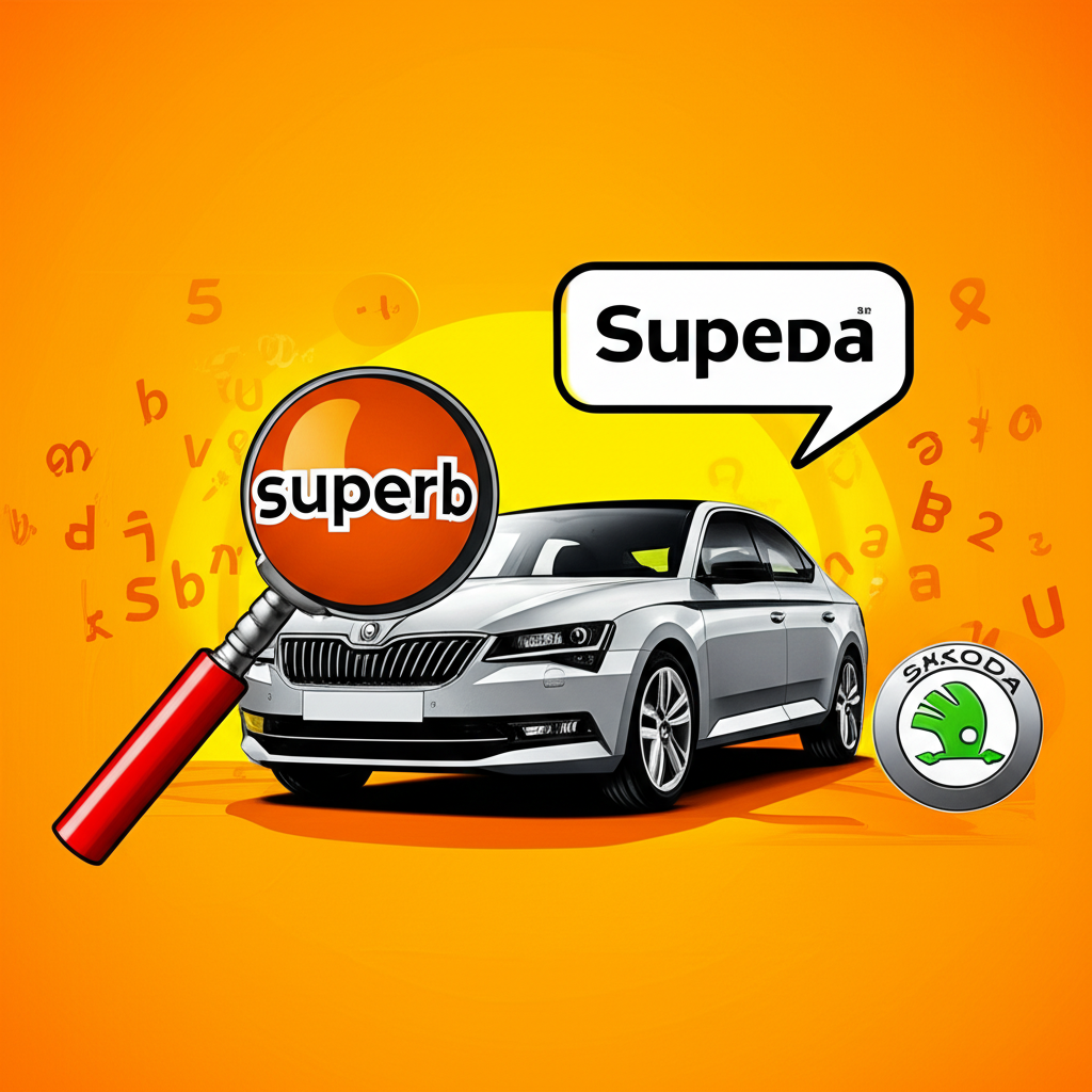 插圖:放大鏡仔細審視‘superb’一詞,旁邊是一輛代表Skoda Superb的流線型汽車,周圍環繞語言元素與品牌標誌,呈現活潑的教育場景