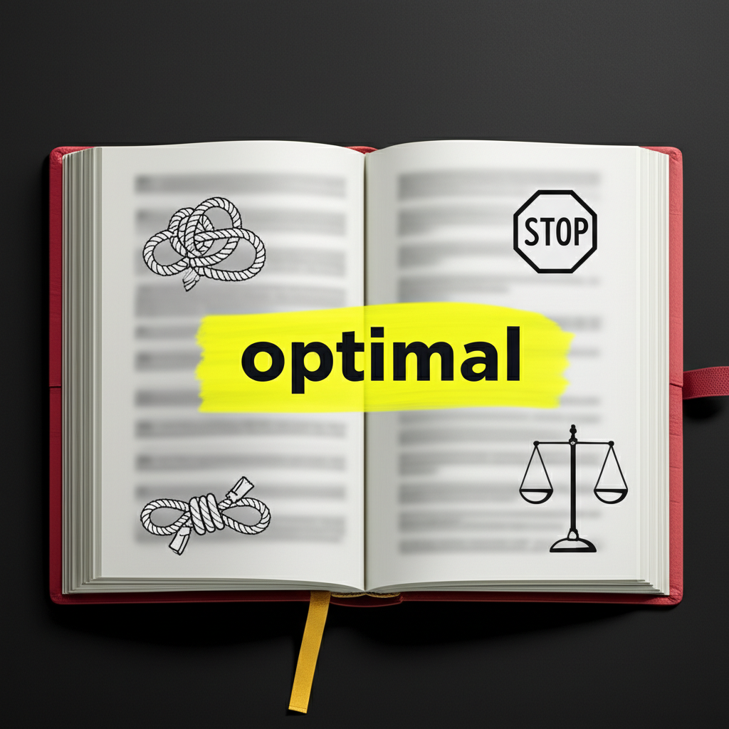 插圖:字典頁面上高亮顯示「optimal」一詞,周圍環繞條件、限制圖示與象徵最佳平衡狀態的天平
