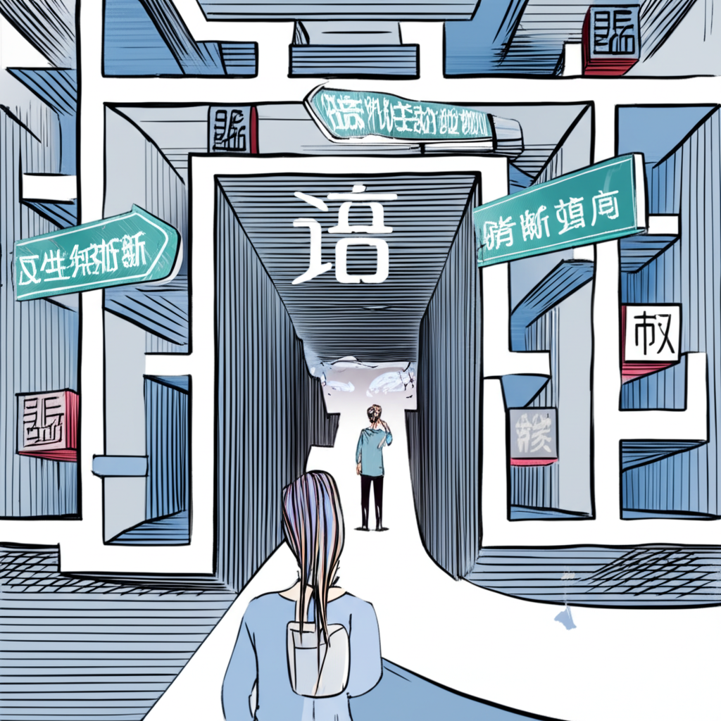 一個人在迷宮中導航,標誌分別指向金融、數學與語言領域,象徵Derivatives在中文中的多義困惑與本文的引導角色