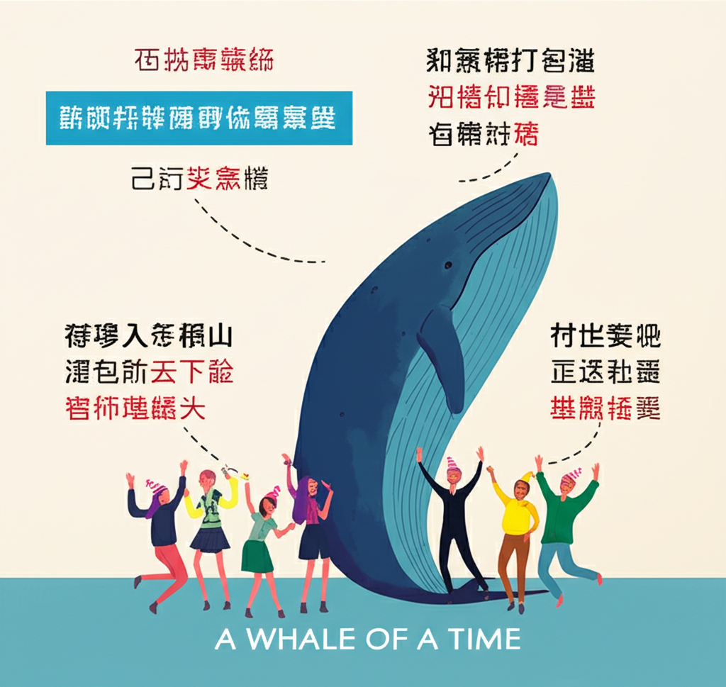 人們在派對上歡慶,一隻巨大的鯨魚在上方優雅拱起,代表「a whale of a time」的歡樂意象