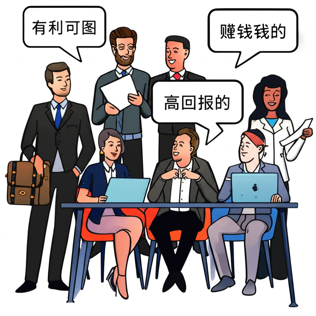 插圖呈現一群不同背景的專業人士在各種工作場景中討論商業合作與投資,對話框中顯示「有利可圖」「賺錢的」「高薪」等中文翻譯
