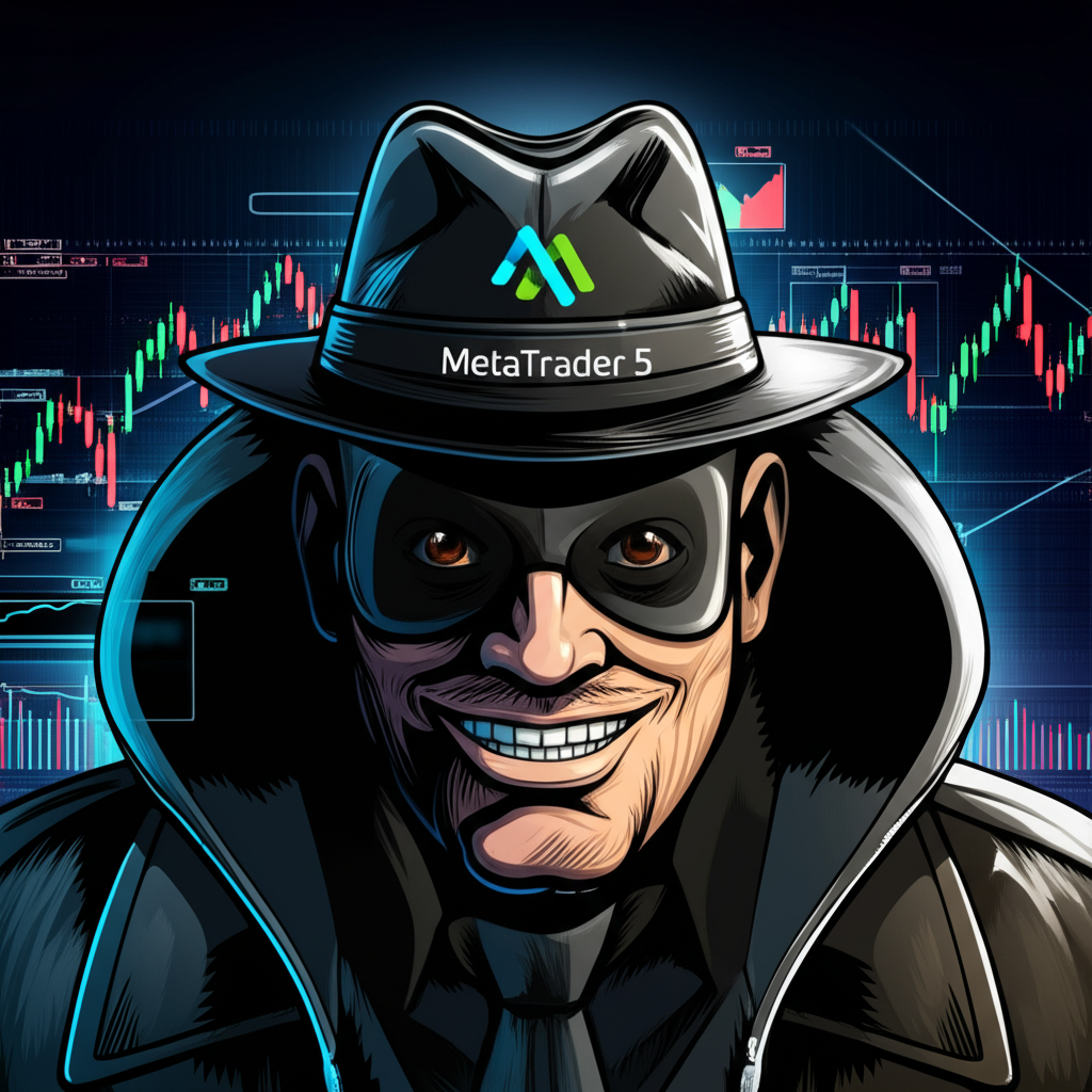 偽裝成專業交易員的詐騙者,利用MetaTrader 5標誌吸引無辜投資者,象徵欺騙與剝削