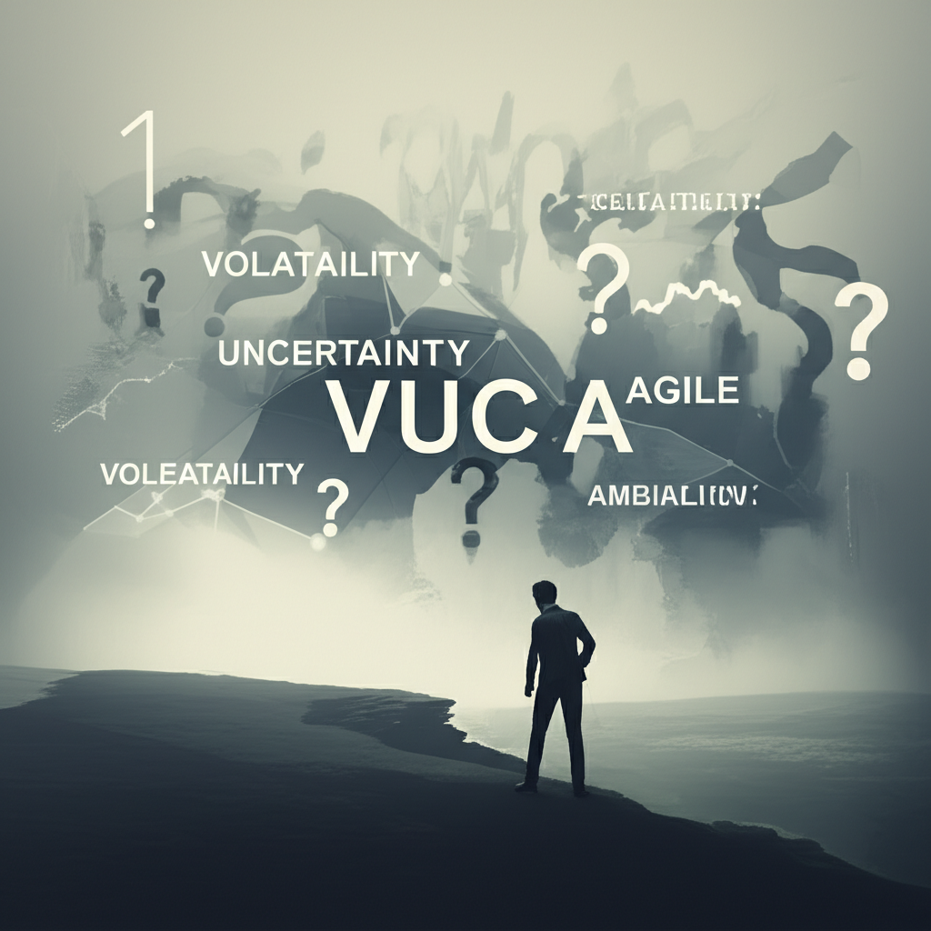插圖描繪一人在充滿波動性、不確定性、複雜性與模糊性的VUCA時代迷霧中前進,展現快速適應與學習的能力