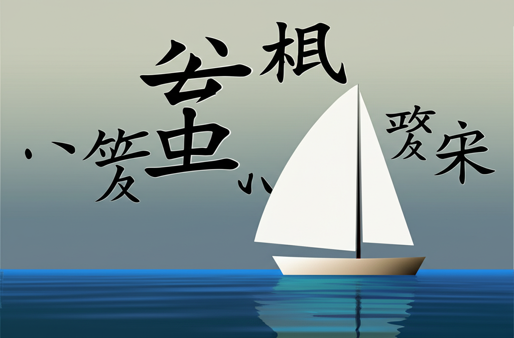 抽象帆船航行插圖,周圍漂浮中文翻譯詞如帆船運動、航行、駕船,背景寧靜