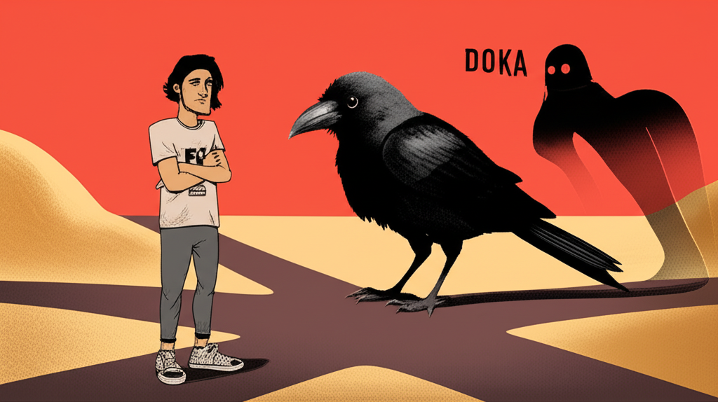 插畫:烏鴉站在人生十字路口,背後浮現標有Doka的暗影身影,象徵其內容方向與公眾形象的重大轉折