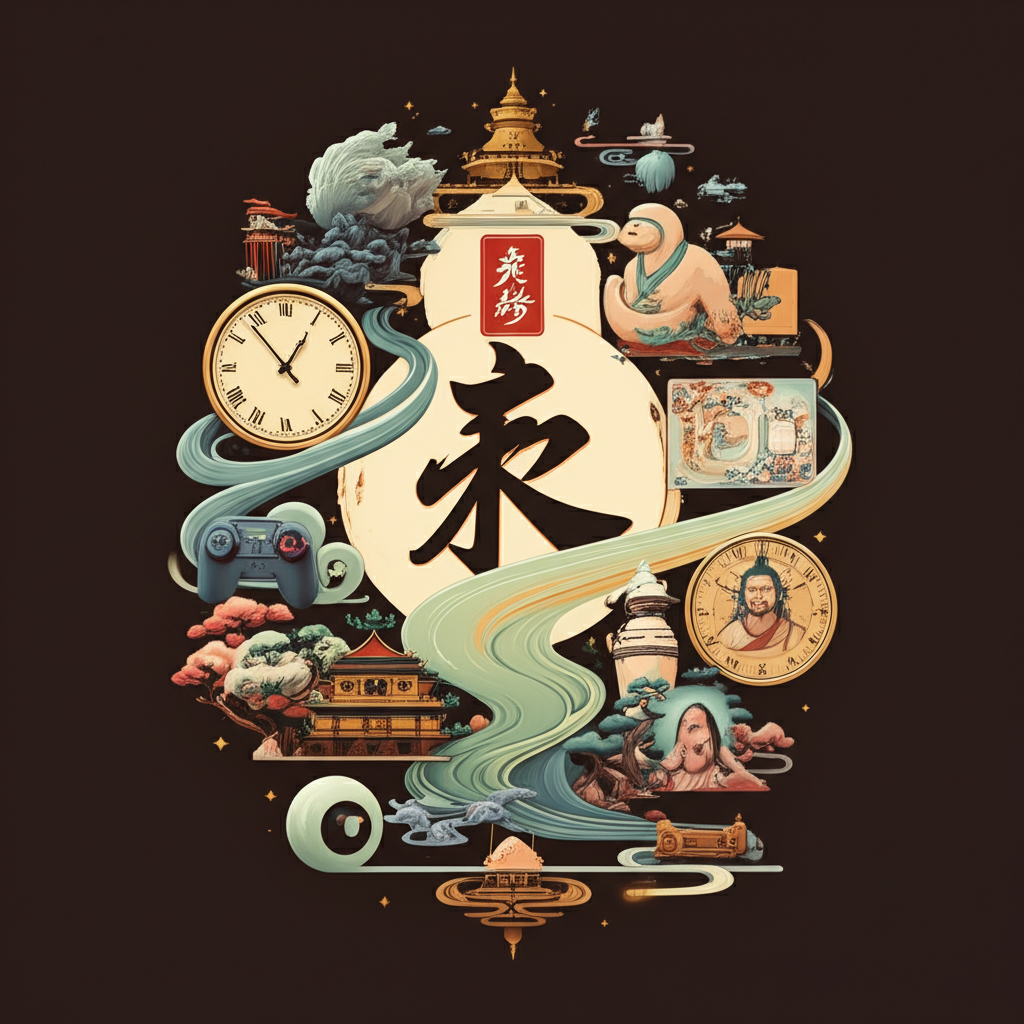 永恆的中文語境概念圖,融合時間、哲學、宗教、文化與數位遊戲元素