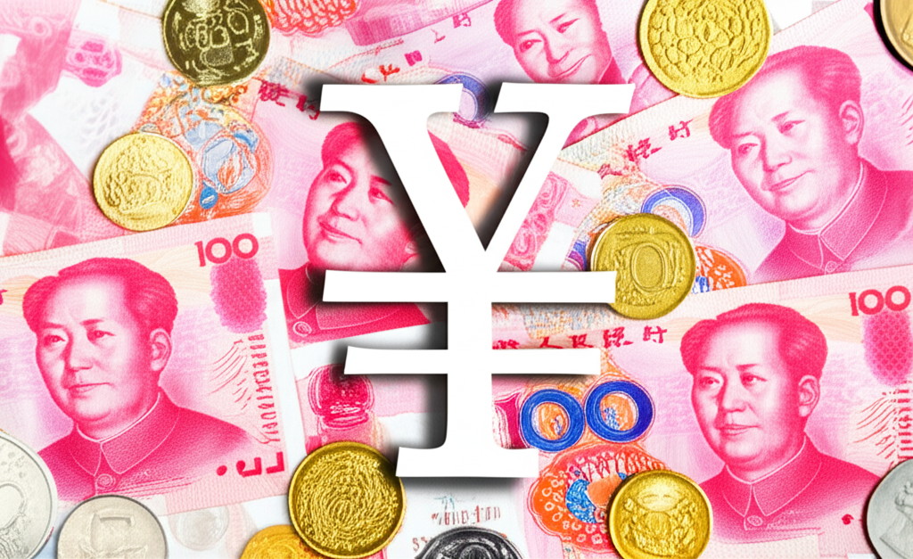 插圖展示人民幣紙鈔與硬幣,中央有醒目的RMB符號,象徵由央行發行、全球認可的法定貨幣