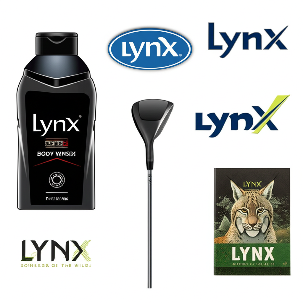 插畫展示多個以Lynx為名的品牌元素,包含男士沐浴乳瓶身、高爾夫球桿與自然書籍封面,呈現其作為品牌名稱所傳達的敏捷、精準與自然意象