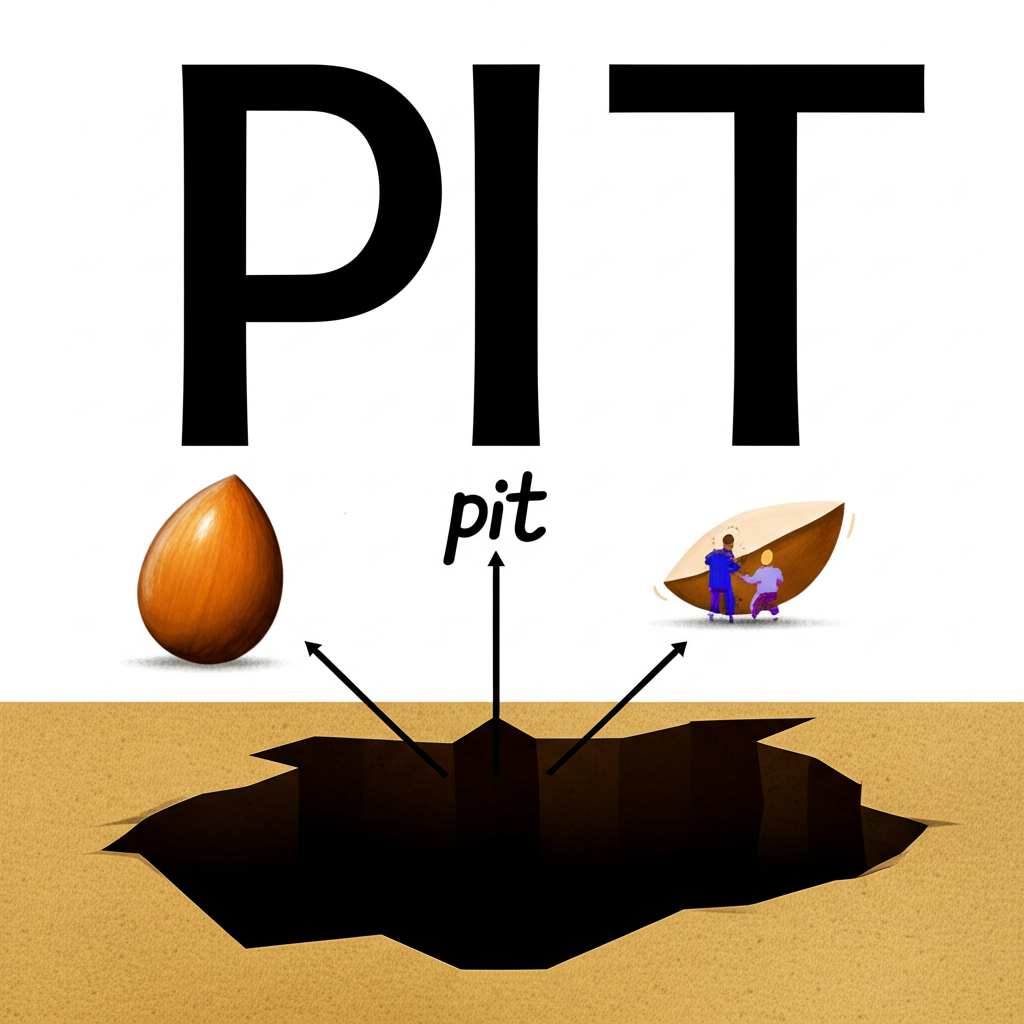 視覺化呈現 pit 的多種名詞意義:地面凹洞、果核與競技場,以概念風格連結於單字 pit 周圍