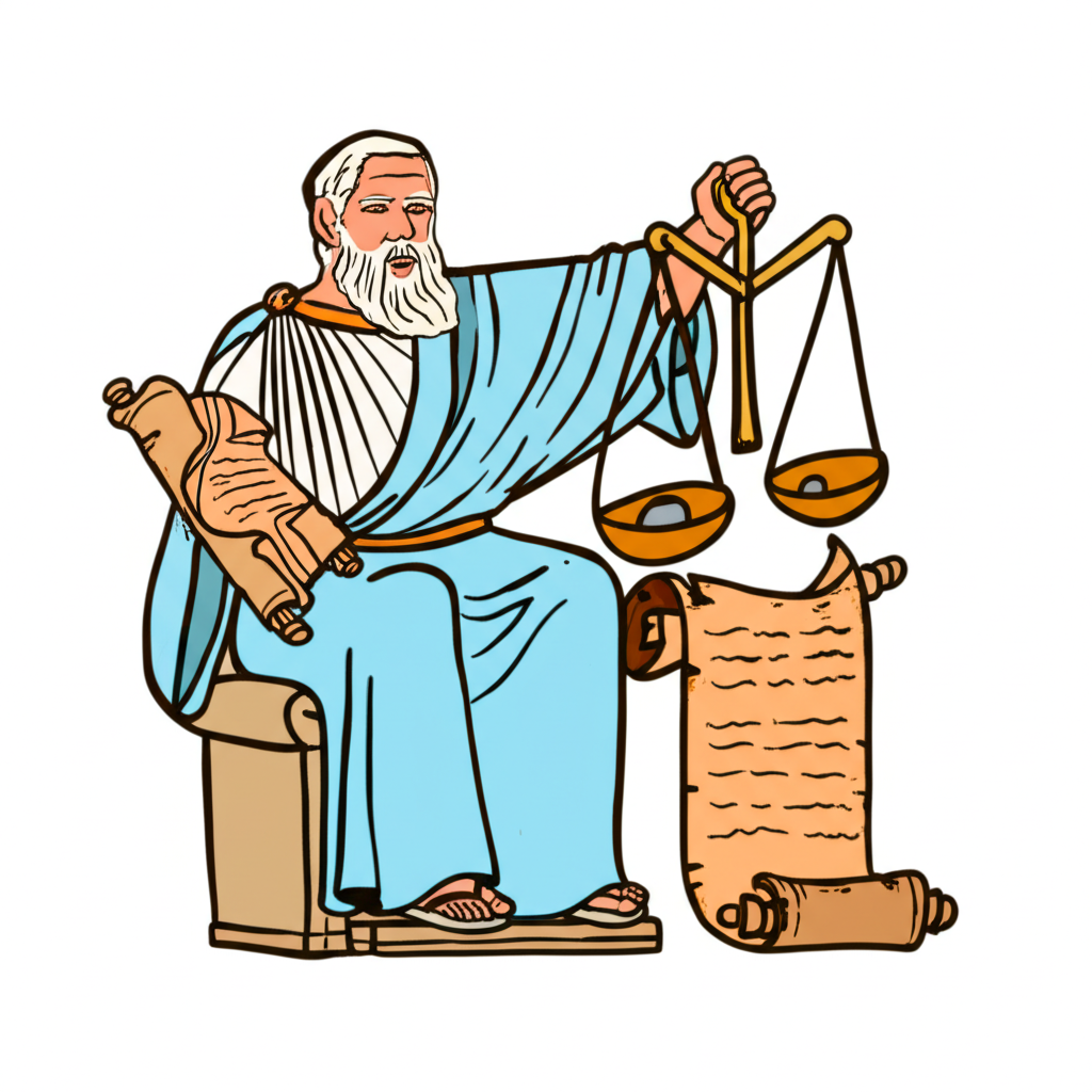 古希臘法官手持天平與卷軸,象徵Criteria一詞源自kriterion,代表判斷的依據