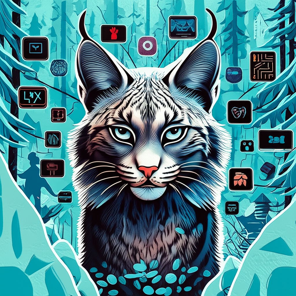 插畫呈現一隻擁有獨特耳簇、目光銳利的猞猁,背景融合品牌標誌、科技裝置與遊戲角色,象徵Lynx在中文語境中的多重意義