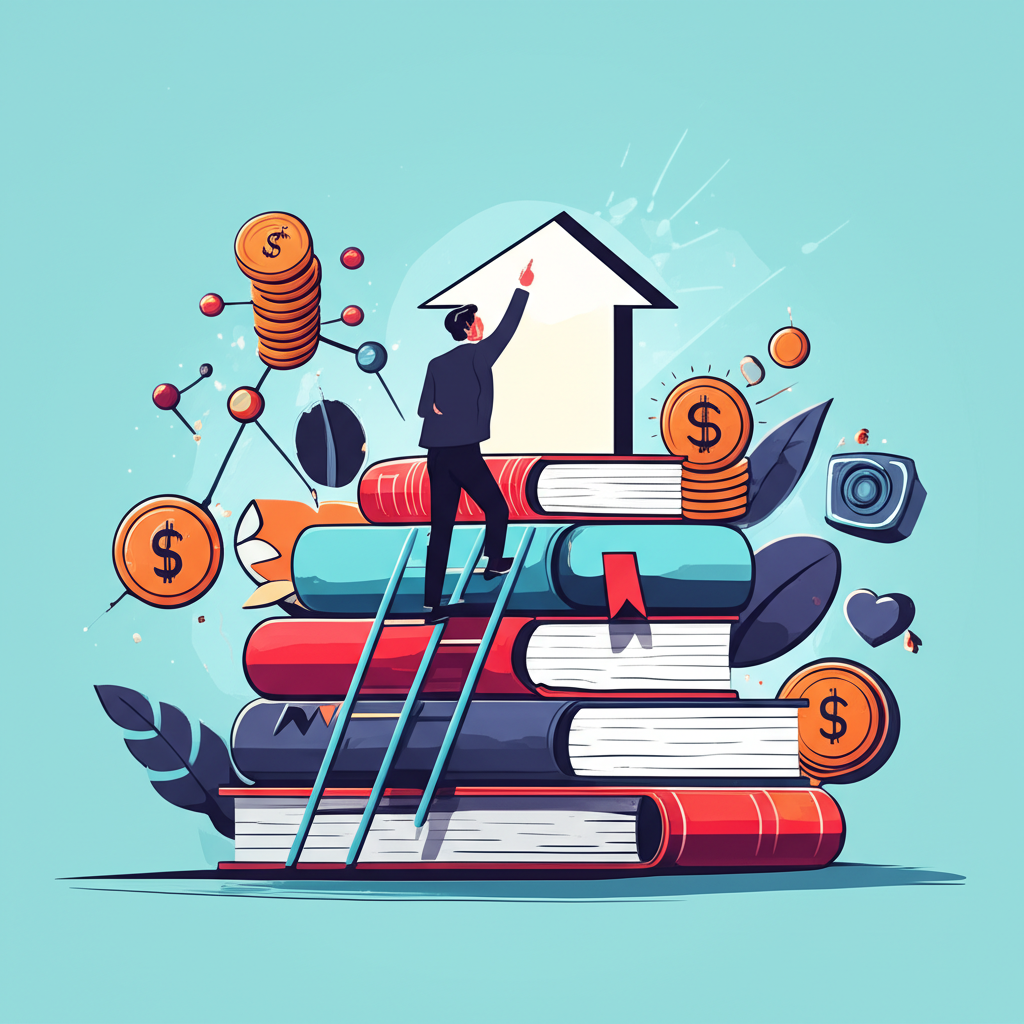 人物攀登由書籍與數據構成的階梯,伸向金融業的閃耀職涯路徑,周圍環繞高薪、人脈連結與正面社會影響等象徵,營造動態且重視學習的環境