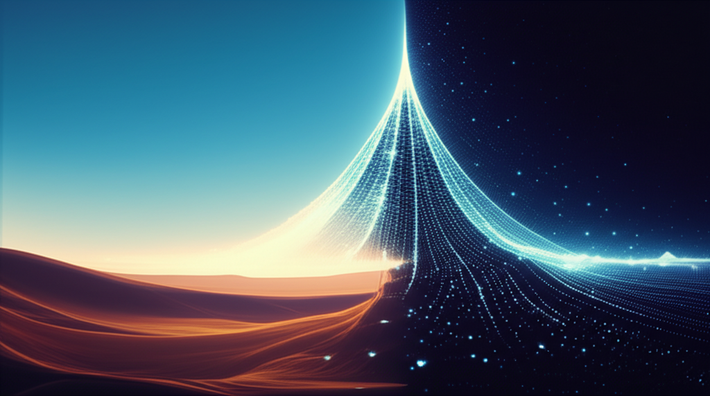 抽象場景呈現「vast」的兩種核心意義:一側是遼闊無際的自然景觀,另一側是閃爍發光的數據高山