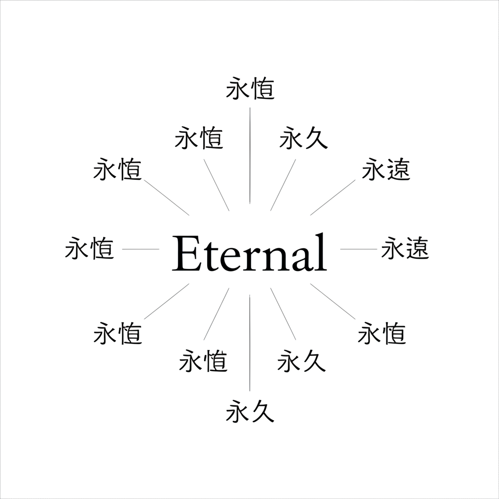 英文單字 Eternal 位於中央,向外延伸出永恆、永久、永遠等中文譯詞,象徵其多元語義與詞源脈絡