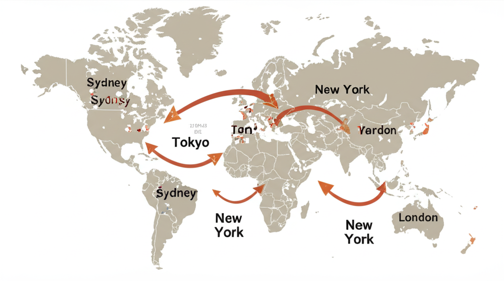 世界地圖標示雪梨、東京、倫敦、紐約四大城市，以箭頭顯示外匯交易活動的連續接力流動