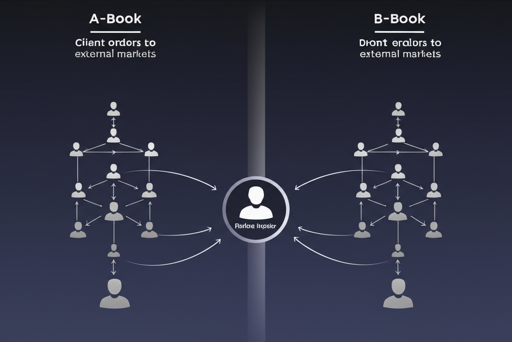 A-Book與B-Book模式對比概念圖,展示訂單流向與透明度差異