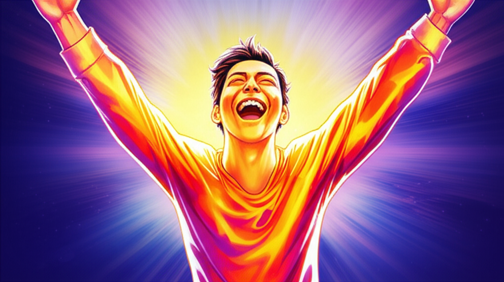euphoria的中文翻譯如欣快感、狂喜、精神愉悅的插圖,描繪一種比日常快樂更強烈、深沉且短暫的極致情緒狀態