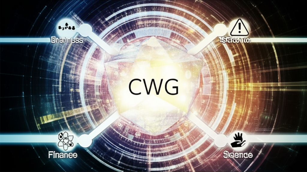 CWG 多重意義視覺化:發光多面晶體核心標示 CWG,周圍環繞數位資料流,延伸出代表商業、金融、人道援助、科學研究與警示符號的分支,風格充滿未來感