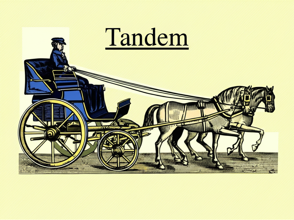 Tandem詞源插畫:18世紀雙輪馬車,馬匹一前一後排列,展現序列性與早期協作概念