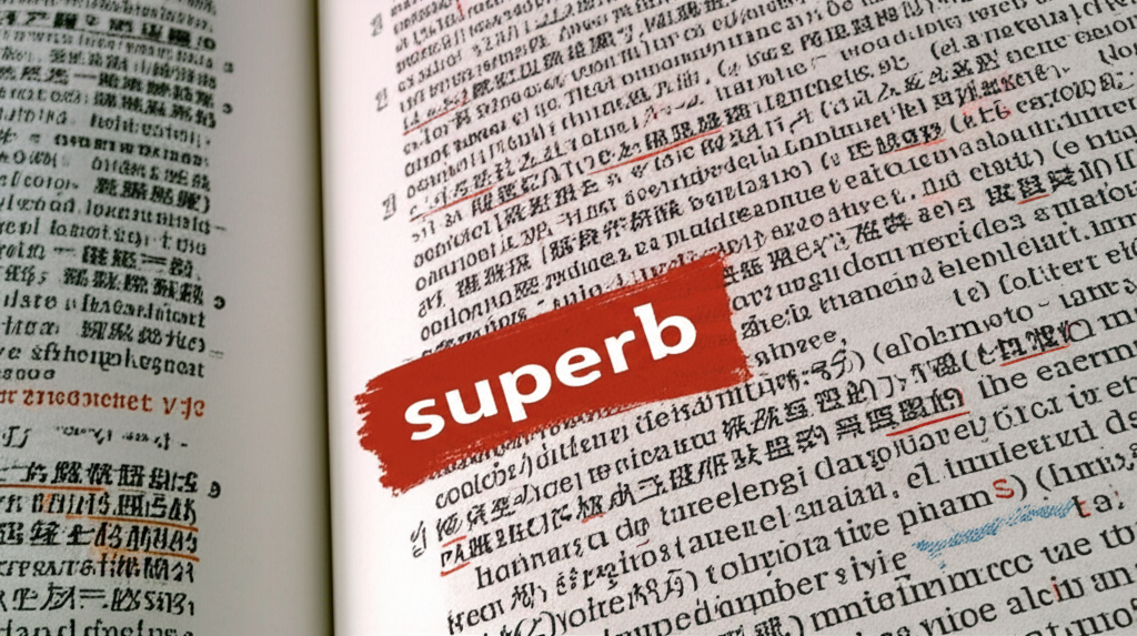 打開的詞典頁面展示『superb』一詞,並標示多個正面中文翻譯如『極佳』、『宏偉』、『華麗』,強調其核心意義的插畫風格