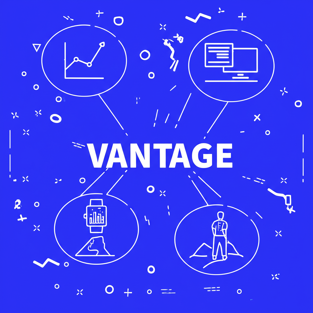 Vantage 概念圖,中央為文字,周圍環繞金融圖表、電腦、智慧手錶與高處視角人物圖示